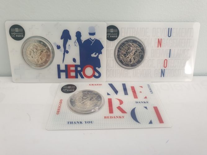 Lot 3 x Coincard BU 2€ Euros Commémorative France 2020 Recherche Médicale