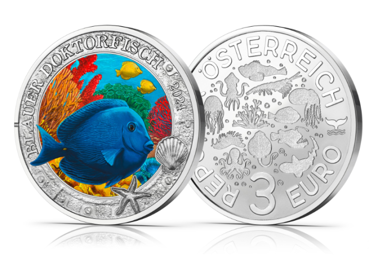 3€ Euros Autriche Vie Sous Marine 2024 : Poisson Chirurgien / Doctor Fish 7/12