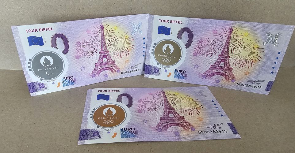 Lot 3 Billets Paris 2024 Timbre Médailles Or / Argent/ Bronze