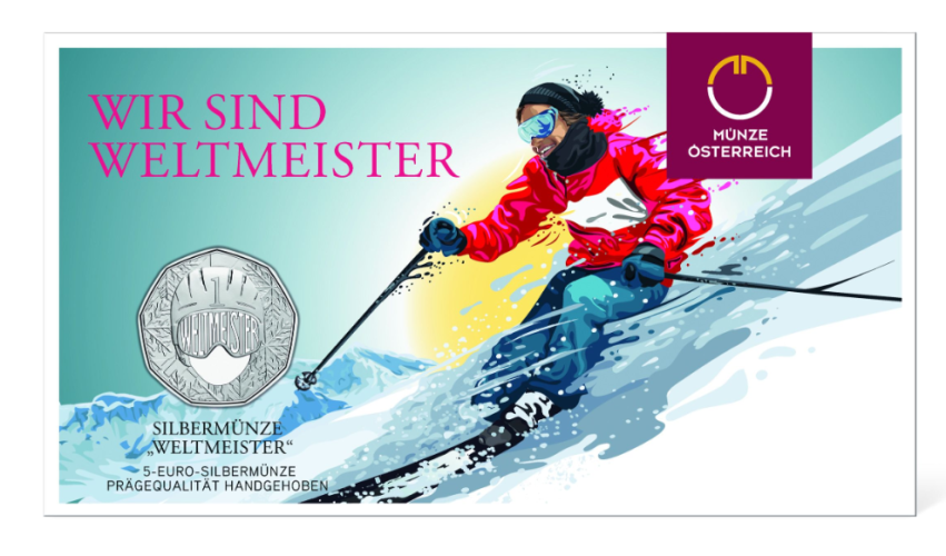Coincard 5€ Euros Argent 925 Autriche World Champion Ski 2024