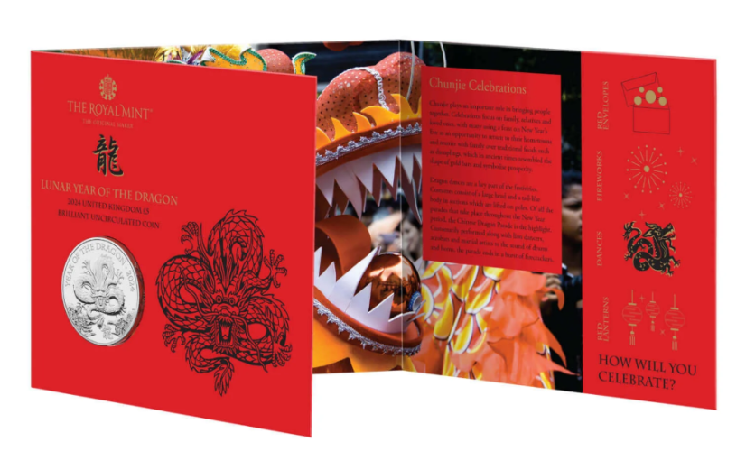 Coincard 5 Pounds BU 2024 Royaume Uni Year of Dragon