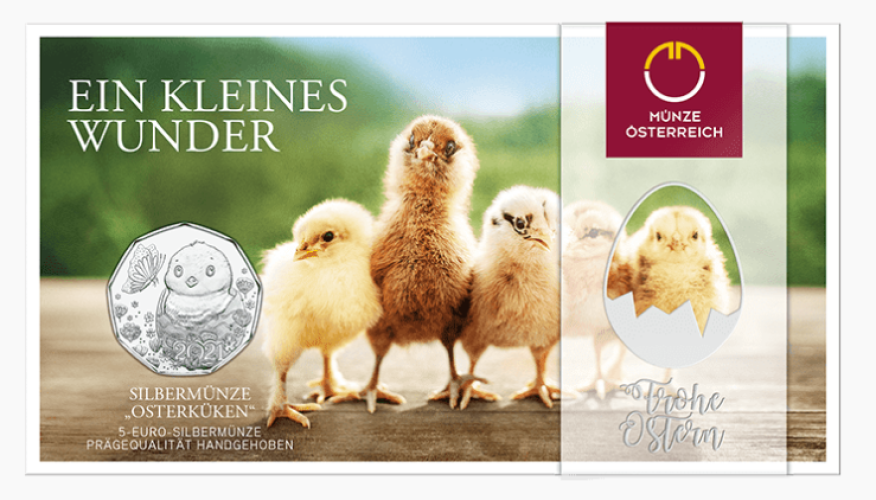 Coincard 5€ Euros Argent 925 Autriche 2021 Poussins Paques