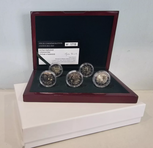 Coffret 5 x 2€ Euros Proof Commémorative Luxembourg 2022 + 2023 Poinçon Kremnica