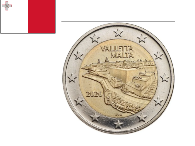 PREVENTE 2€ Euros Commémorative Malte 2026 La Valette UNC